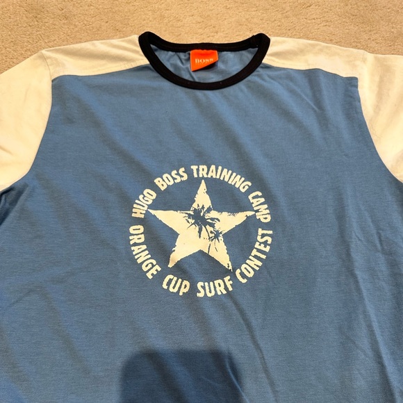 Boys HUGO BOSS T-Shirt Top Blue White Logo 100% Cotton Size 8 Like New - Picture 3 of 5